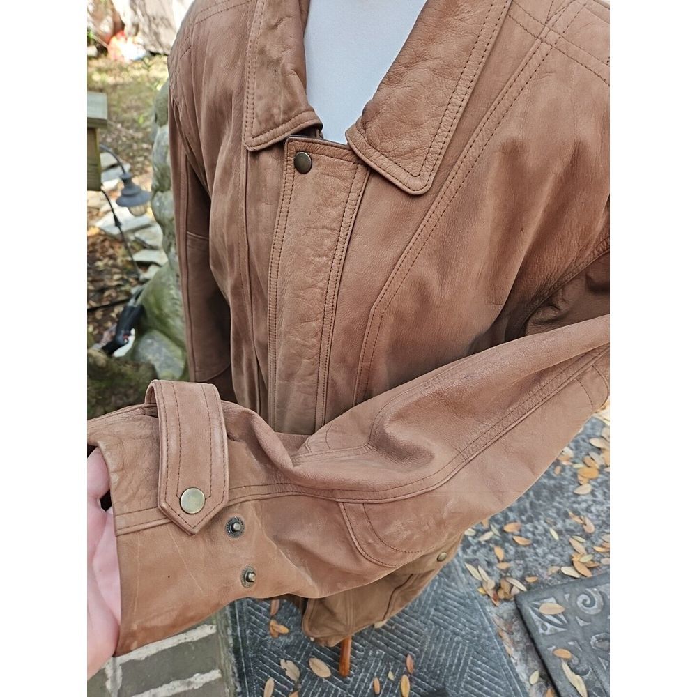 J. Park COUTURE Cognac Brown Leather Jacket PARKA Mid-Length VINTAGE Y2K - Picture 4 of 16